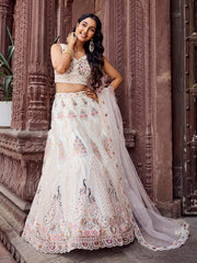 Cream Net Fabric Sequins embroidery Semi Stitched Lehenga & Unstitched Blouse With Dupatta
