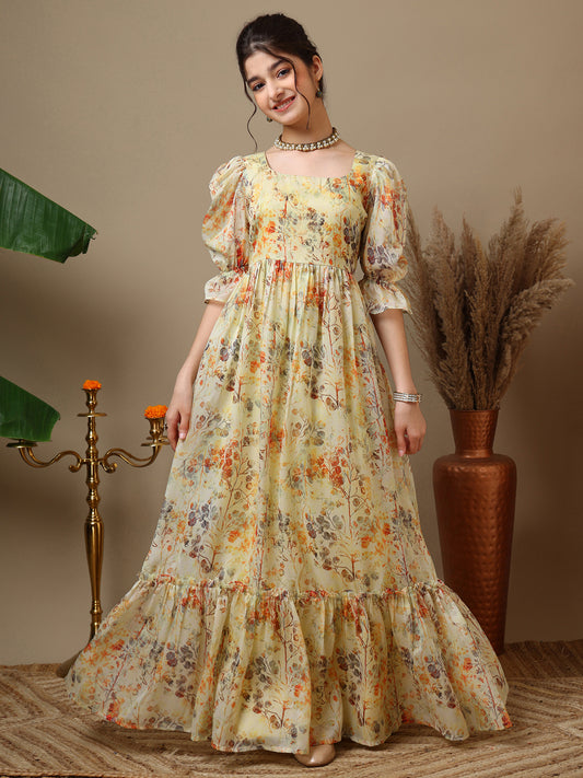 Floral Printed Bell Sleeve Maxi Ethnic Dresses