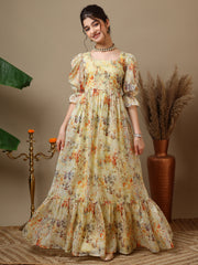 Floral Printed Bell Sleeve Maxi Ethnic Dresses