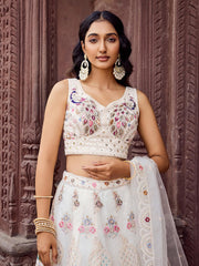 Cream Net Fabric Sequins embroidery Semi Stitched Lehenga & Unstitched Blouse With Dupatta