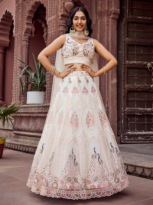 Cream Net Fabric Sequins embroidery Semi Stitched Lehenga & Unstitched Blouse With Dupatta