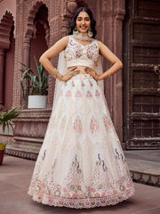 Cream Net Fabric Sequins embroidery Semi Stitched Lehenga & Unstitched Blouse With Dupatta