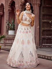 Cream Net Fabric Sequins embroidery Semi Stitched Lehenga & Unstitched Blouse With Dupatta