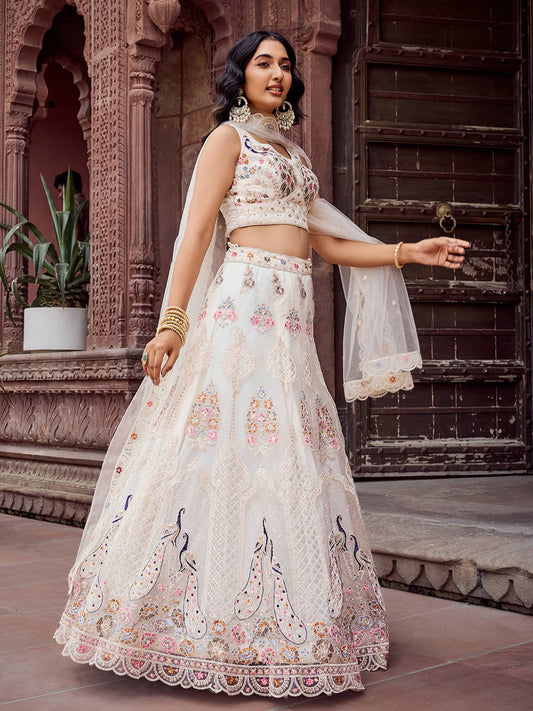 Cream Net Fabric Sequins embroidery Semi Stitched Lehenga & Unstitched Blouse With Dupatta
