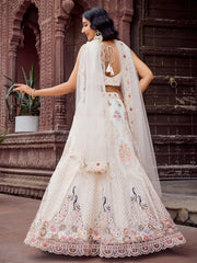 Cream Net Fabric Sequins embroidery Semi Stitched Lehenga & Unstitched Blouse With Dupatta