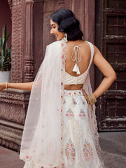 Cream Net Fabric Sequins embroidery Semi Stitched Lehenga & Unstitched Blouse With Dupatta