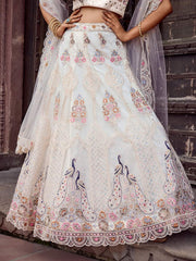 Cream Net Fabric Sequins embroidery Semi Stitched Lehenga & Unstitched Blouse With Dupatta
