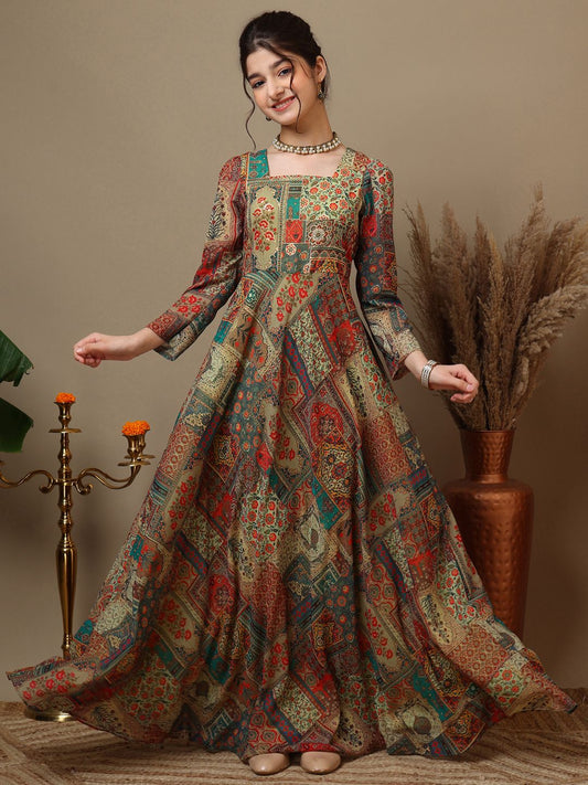 Girls Ethnic Motifs Printed Square Neck Ethnic Dress