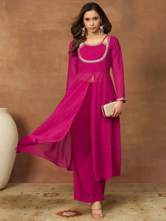 Women Layered Beads and Stones Kurta with Palazzos
