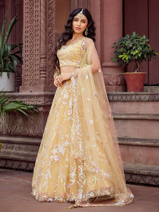 Yellow Net Fabric Sequins embroidery Semi Stitched Lehenga & Unstitched Blouse With Dupatta
