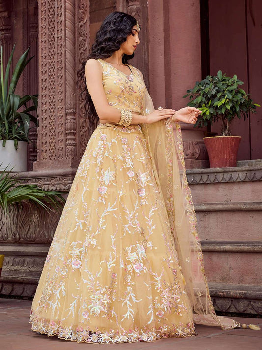 Yellow Net Fabric Sequins embroidery Semi Stitched Lehenga & Unstitched Blouse With Dupatta