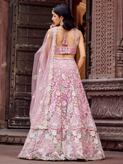 Pink Net Fabric Sequins embroidery Semi Stitched Lehenga & Unstitched Blouse With Dupatta