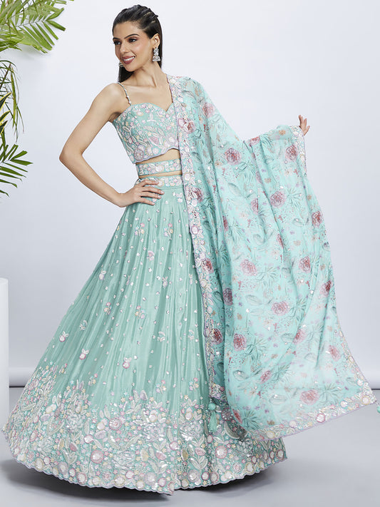 Sea green Chiffon Sequins and thread embroidery Semi-Stitched Lehenga choli & Dupatta