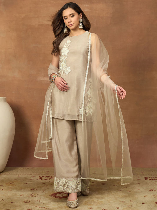 Women Floral Embroidered Regular Thread Work Kurta with Palazzos & With Dupatta