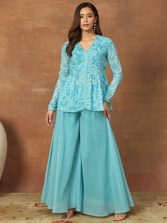 Printed V-Neck Top & Palazzos Co-Ords
