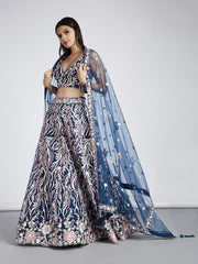 Navy blue Net Sequins and thread embroidery Semi Stitched Lehenga choli and Dupatta