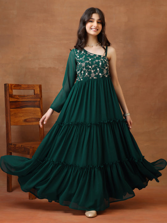 Girls Embroidered One Shoulder A-Line Ethnic Dresses