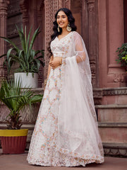 Cream Net Fabric Sequins embroidery Semi Stitched Lehenga & Unstitched Blouse With Dupatta