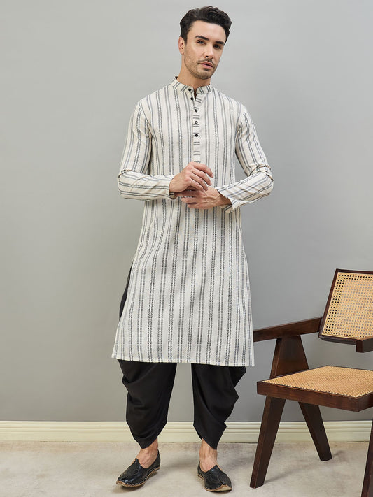 Striped Woven Design Mandarin Collar Calf Length Straight Kurtas