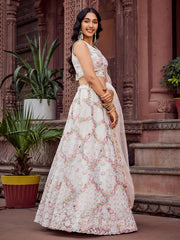 Cream Net Fabric Sequins embroidery Semi Stitched Lehenga & Unstitched Blouse With Dupatta