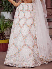 Cream Net Fabric Sequins embroidery Semi Stitched Lehenga & Unstitched Blouse With Dupatta