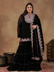 Plus Size Floral Embroidered Thread Work Kurta With Sharara & Dupatta