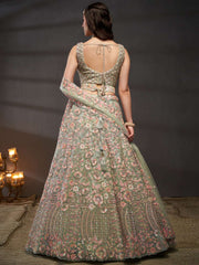 Sea green Net Multi Sequins with heavy Zarkan embroidery Semi-Stitched Lehenga choli & Dupatta