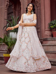 Cream Net Fabric Sequins embroidery Semi Stitched Lehenga & Unstitched Blouse With Dupatta