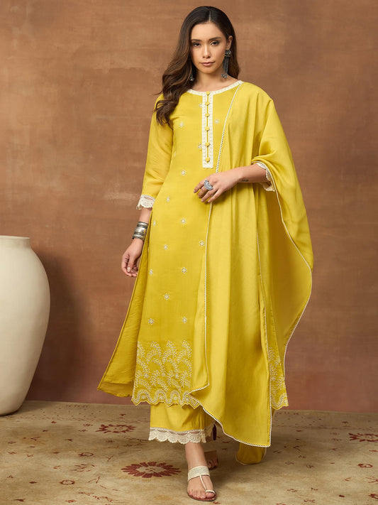 Women Ethnic Motifs Embroidered Regular Thread Work Chanderi Cotton Kurta with Trousers & With Dupatta