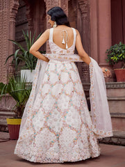 Cream Net Fabric Sequins embroidery Semi Stitched Lehenga & Unstitched Blouse With Dupatta