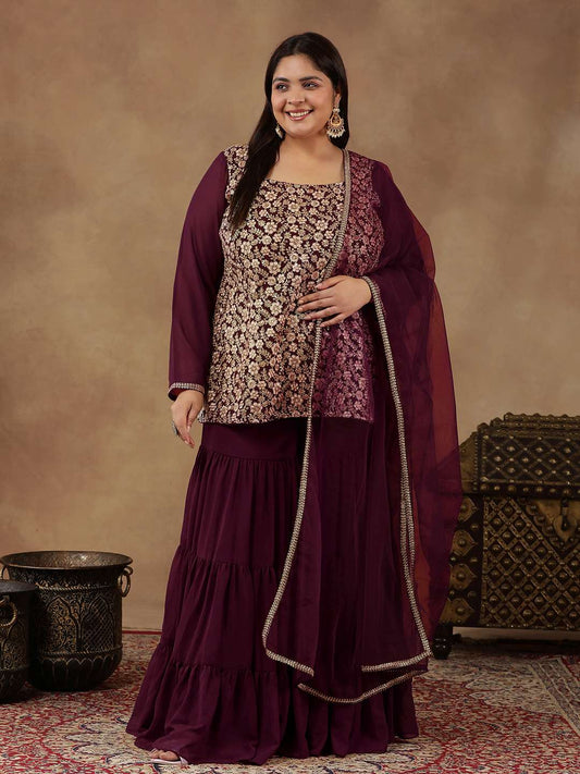 Floral Embroidered Regular Sequinned Straight Kurti with Sharara & Dupatta