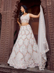 Cream Net Fabric Sequins embroidery Semi Stitched Lehenga & Unstitched Blouse With Dupatta