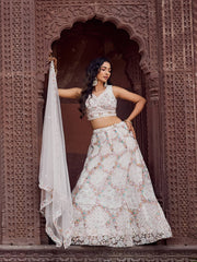 Cream Net Fabric Sequins embroidery Semi Stitched Lehenga & Unstitched Blouse With Dupatta