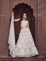 Cream Net Fabric Sequins embroidery Semi Stitched Lehenga & Unstitched Blouse With Dupatta