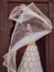 Cream Net Fabric Sequins embroidery Semi Stitched Lehenga & Unstitched Blouse With Dupatta