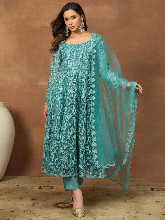 Women Floral Embroidered Tiered Thread Work Kurta with Trousers & With Dupatta