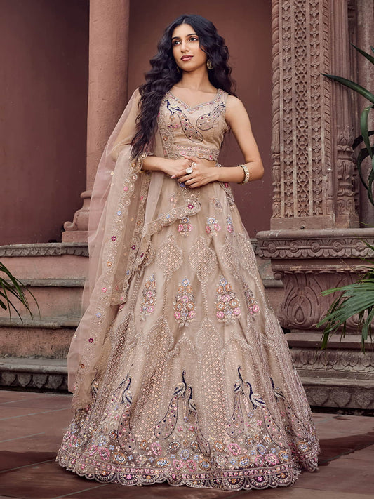 Beige Net Fabric Sequins embroidery Semi Stitched Lehenga & Unstitched Blouse With Dupatta