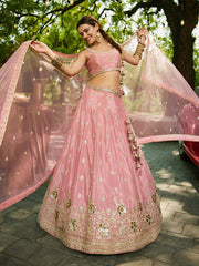 Pink colour Chinnon Sequinse embroidery Semi-Stitched Lehenga choli and Dupatta