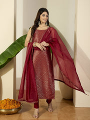 Woven Design Straight Kurta With Trousers & Dupatta