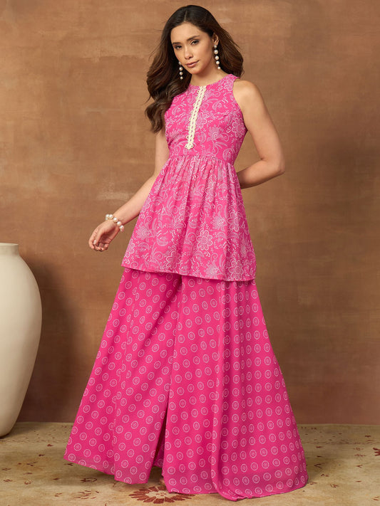 Women Floral Print Pleated Top & Palazzos Co-Ords