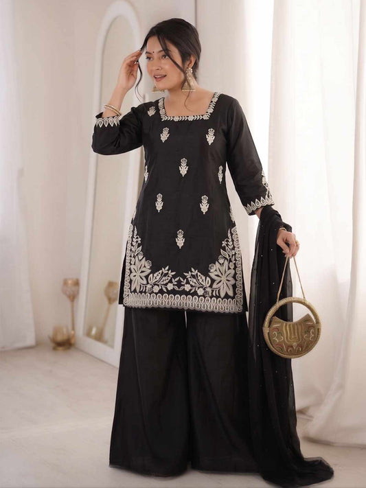 Black Designer Roman Silk Embroiderd Palazzo Suit