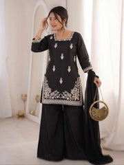 Black Designer Roman Silk Embroiderd Palazzo Suit