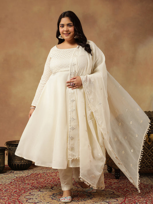 Plus Size Embroidered Empire Thread Work Kurta With Trousers & Dupatta
