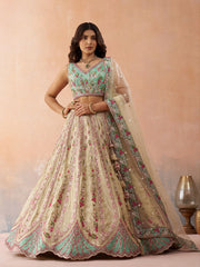 Cream Tissue Sequins Embroidered Semi Stitched Lehenga and Unstitched Blouse With Dupatta