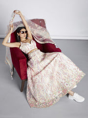 Cream Net Sequins and thread embroidery Semi Stitched Lehenga choli and Dupatta