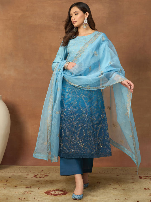 Women Ethnic Motifs Embroidered Regular Thread Work Kurta with Trousers & With Dupatta