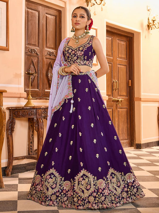 Purple Georgette Fabric Sequins embroidery Semi Stitched Lehenga & Unstitched Blouse With Dupatta