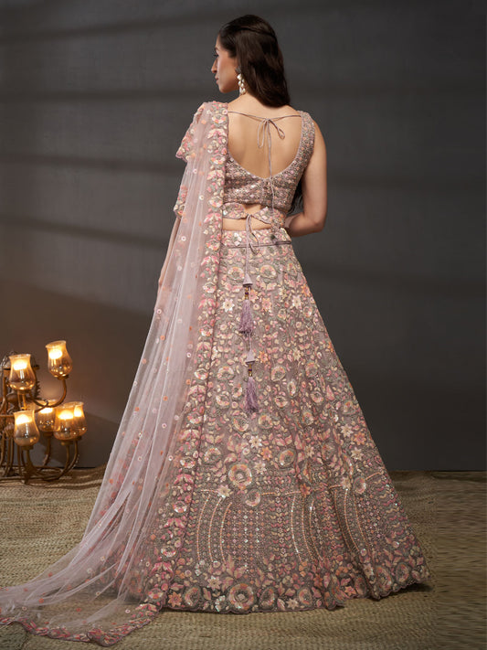 Mauve Net Multi Sequins with heavy Zarkan embroidery Semi-Stitched Lehenga choli & Dupatta
