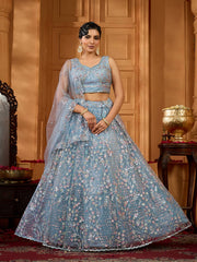 Grey Net Fabric Sequins embroidery Semi-Stitched Lehenga & Unstitched Blouse With Dupatta