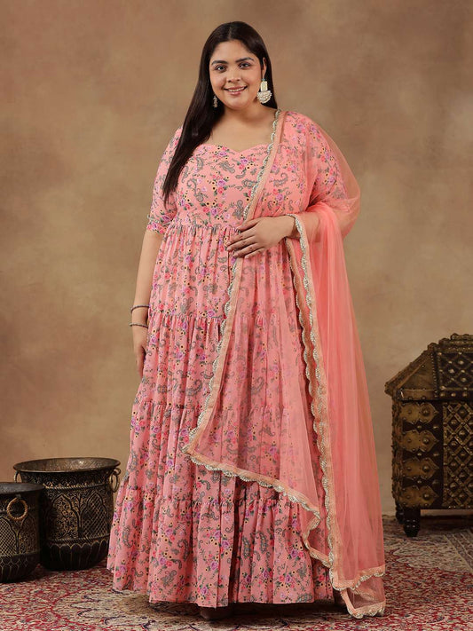 Plus Size Floral Printed Tiered Flared Kurta With Dupatta